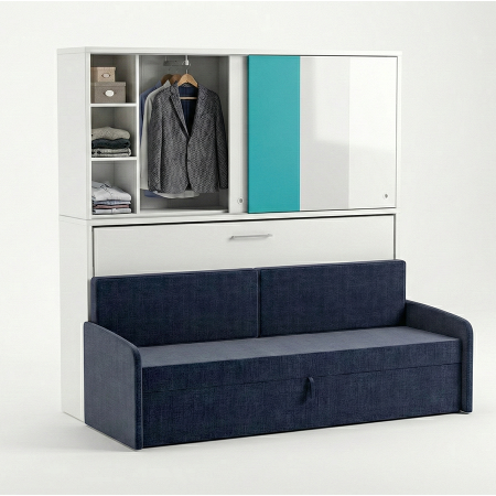 Eenpersoons bedkast Academy - Turquoise - met  blauwe bank